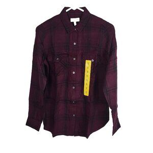 Jesica Simpson Petunia Button Up Shirt Collared Long Sleeve Wine/Black Plaid S